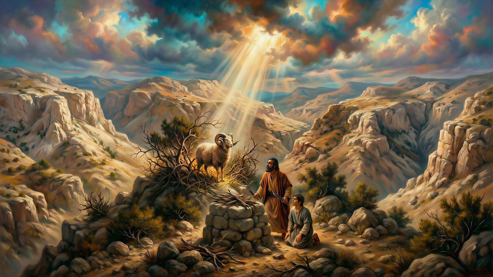 Illustration: Mount Moriah — God provides a ram in place of Isaac, and Abraham names the place "The Lord will provide" (Genesis 22:13–14).