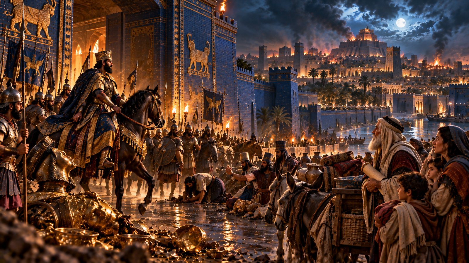 Illustration: Cyrus Conquers Babylon — The Lord opens the gates before Cyrus, and his decree sends the exiles home (Isaiah 45:1–3; Ezra 1).