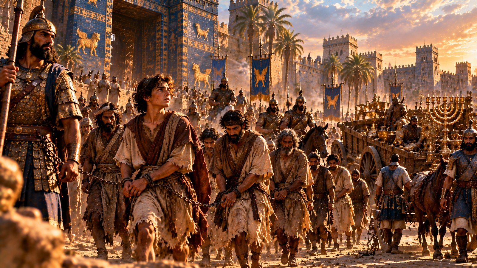 Illustration: Daniel in Exile — Judean captives and Temple vessels are carried to Babylon (Daniel 1).