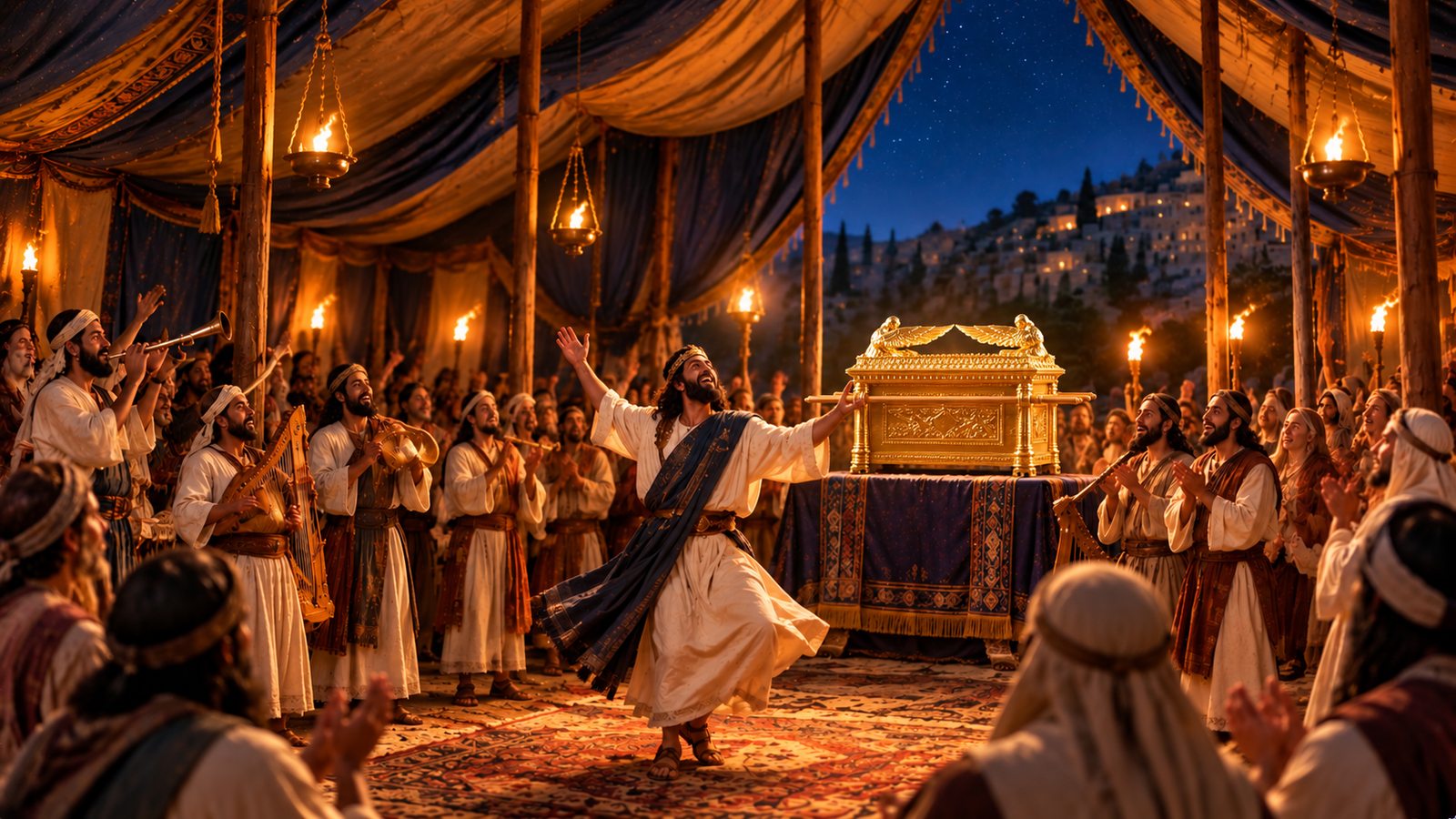 Illustration: David's Tent — David worships before the ark in Jerusalem with joy and song (2 Samuel 6; 1 Chronicles 15–16).