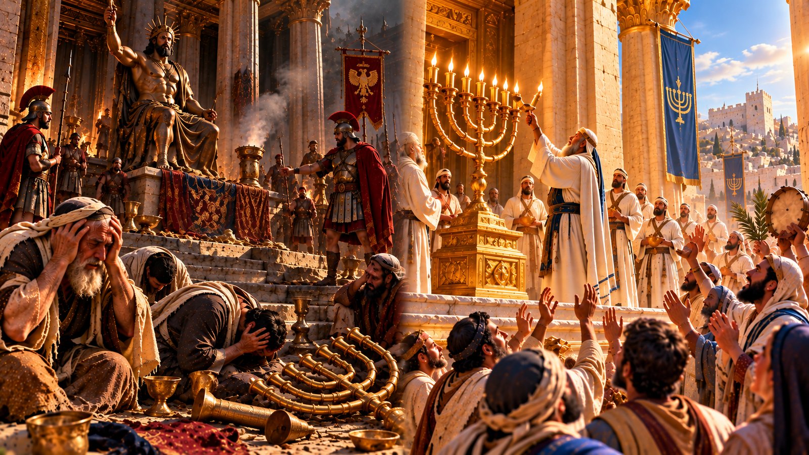 Illustration: Desecration and Rededication — Antiochus defiles the Temple, and Judas Maccabeus cleanses and rededicates it (1 Maccabees 1; 4).