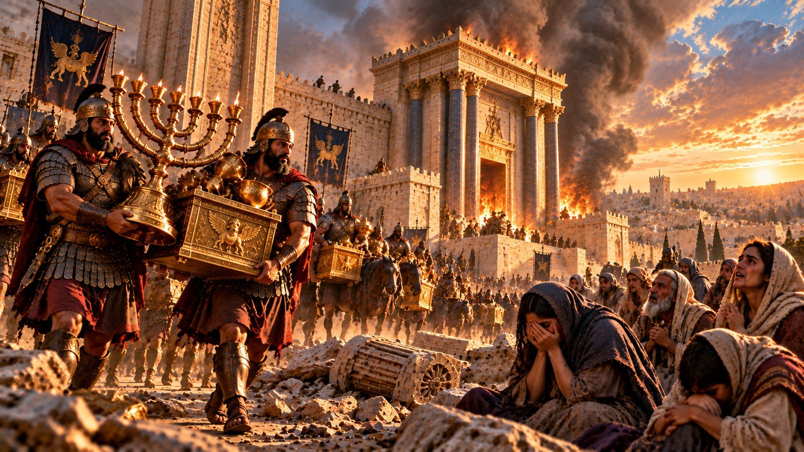 Illustration: The Temple Destroyed — Babylon burns the Temple and carries off its vessels (2 Kings 25).