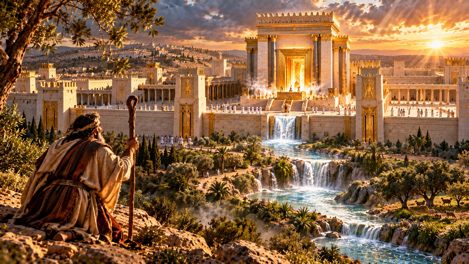 Illustration: Ezekiel's Restored-Temple Vision — The glory returns, and a river of life flows from the sanctuary (Ezekiel 43; 47).
