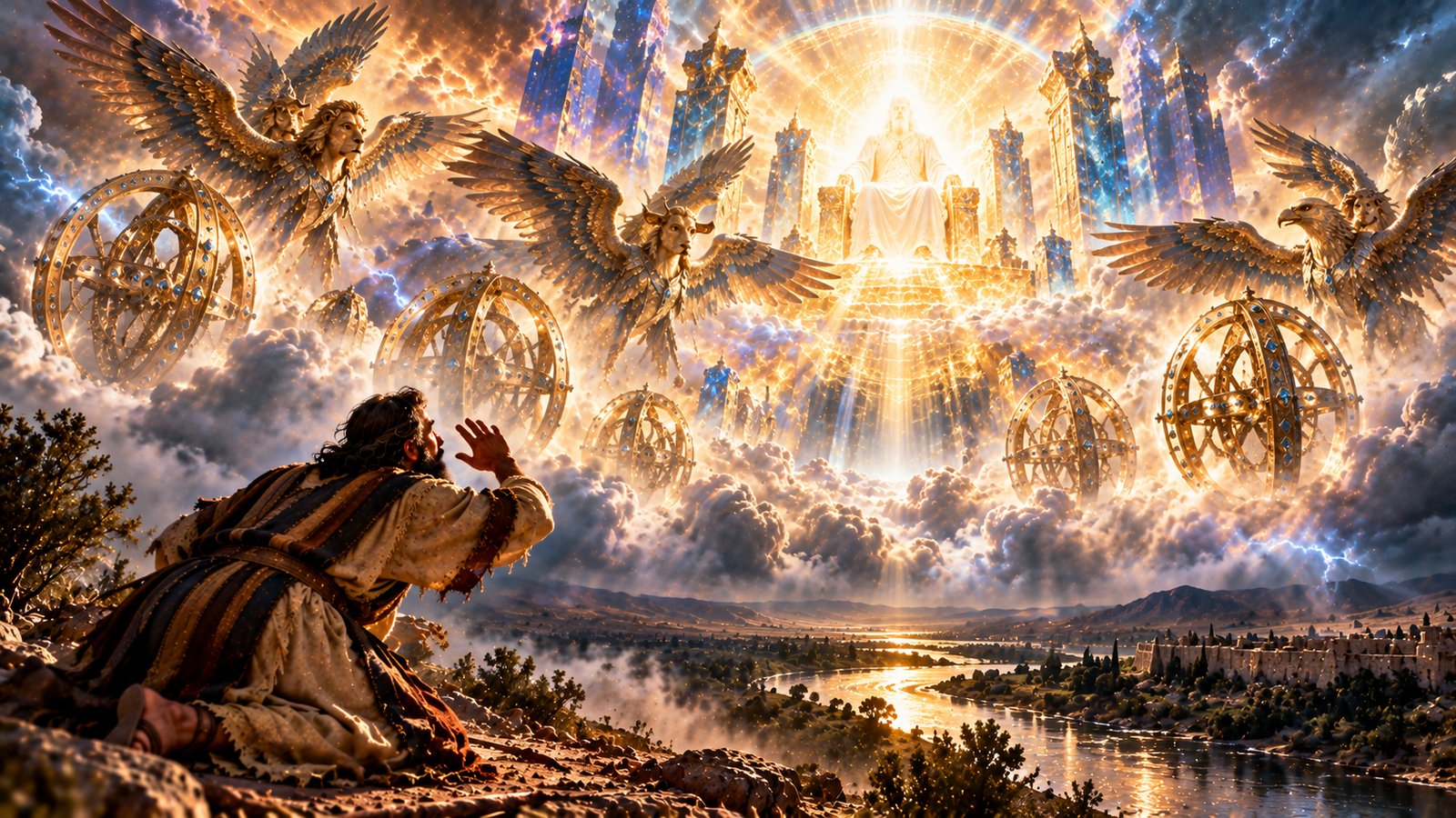 Illustration: Ezekiel's Vision of God's Glory — By the river Chebar the heavens open, and Ezekiel sees the glory of the Lord (Ezekiel 1).
