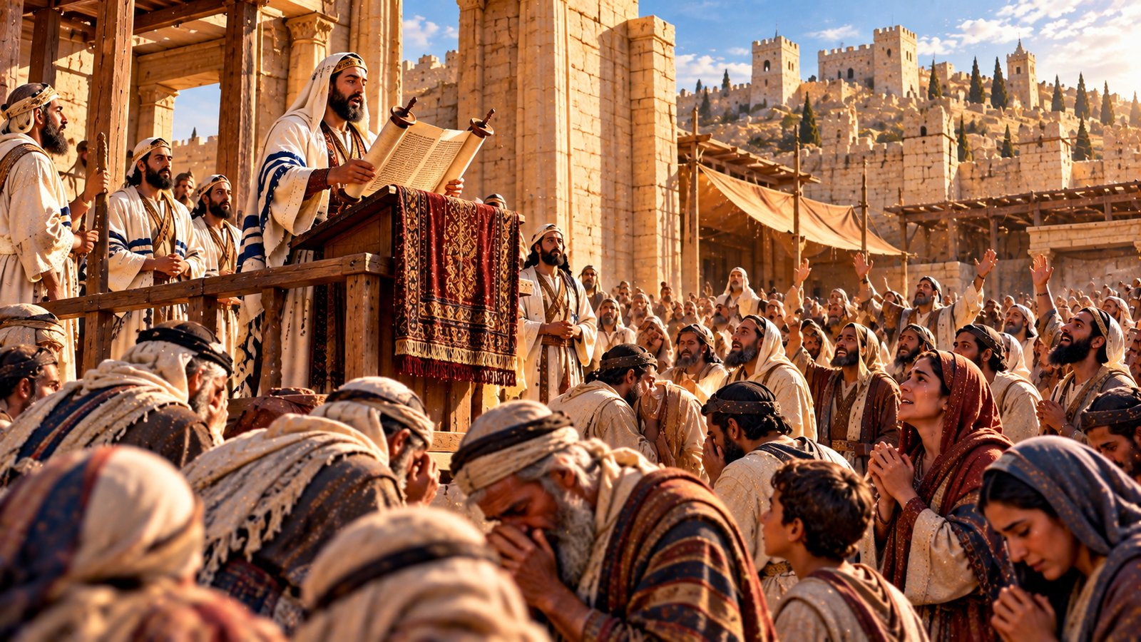Illustration: Ezra Teaches the Law — Ezra reads the Book of the Law to the people while the Levites explain it (Nehemiah 8).