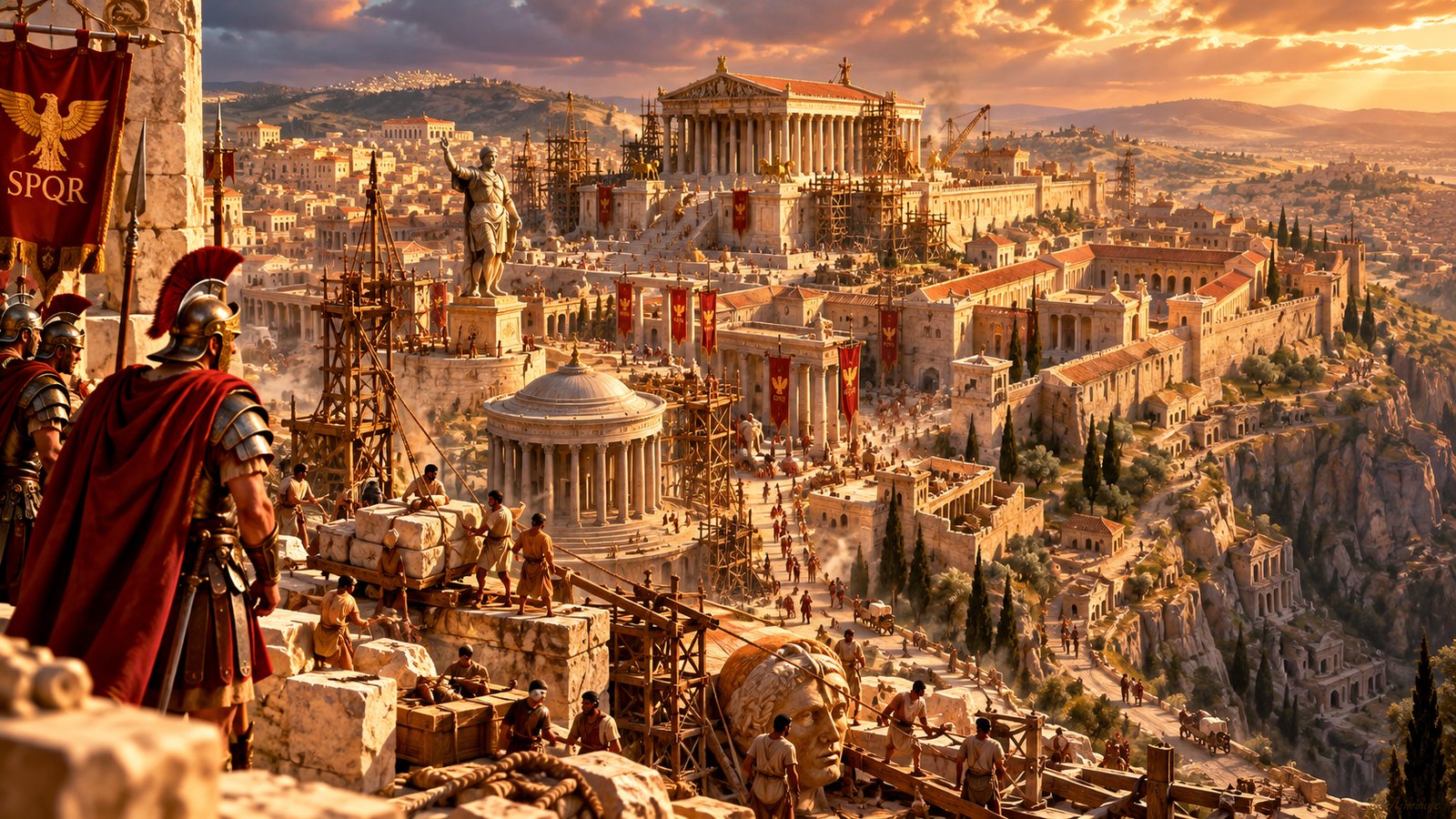 Illustration: Hadrian and Jerusalem — Hadrian rebuilds Jerusalem as the Roman colony Aelia Capitolina after the Bar Kokhba revolt (AD 130–135).