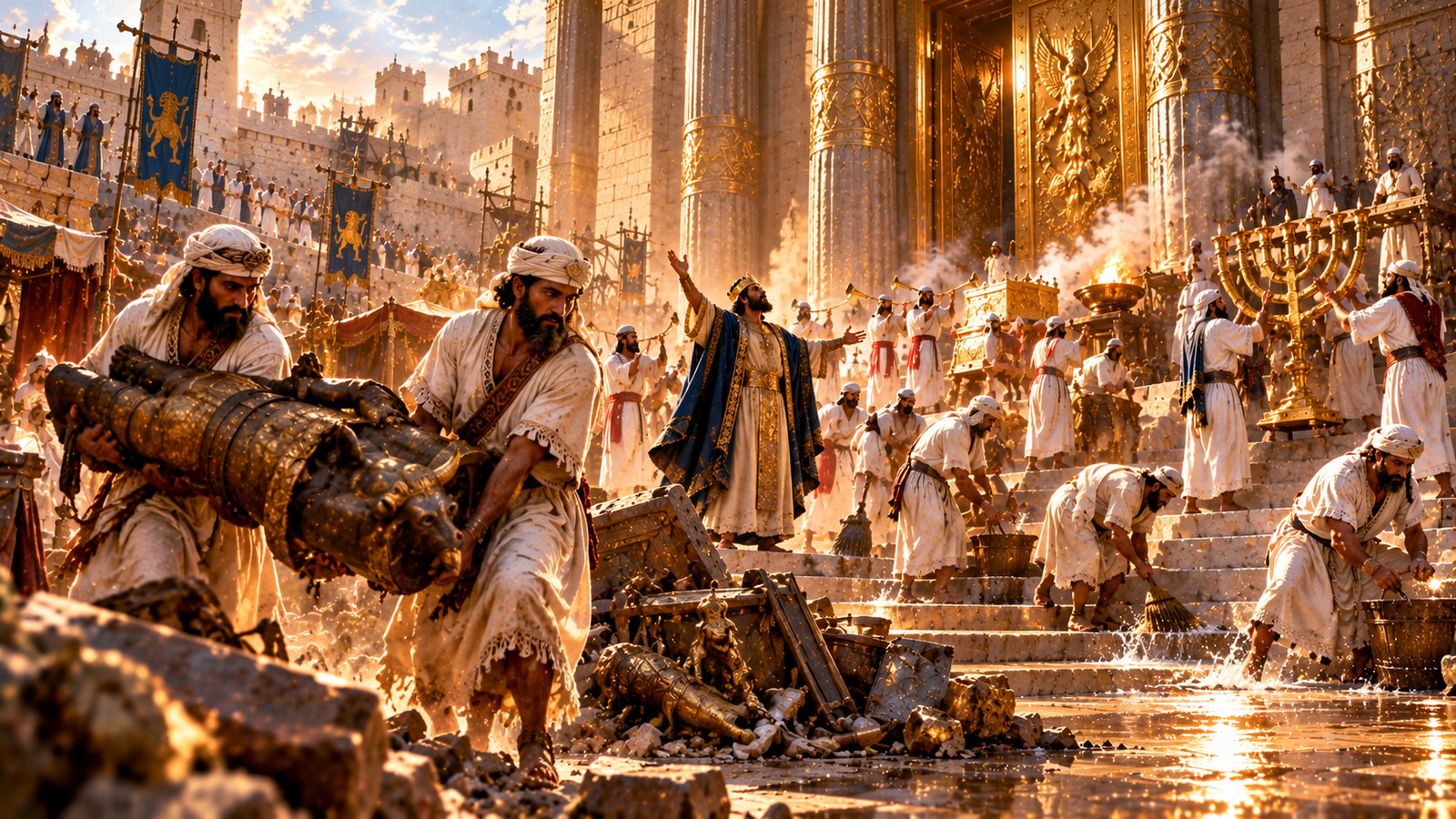 Illustration: Hezekiah's Reform — Priests cleanse and reopen the Temple, and Judah returns to the Lord (2 Chronicles 29–31).