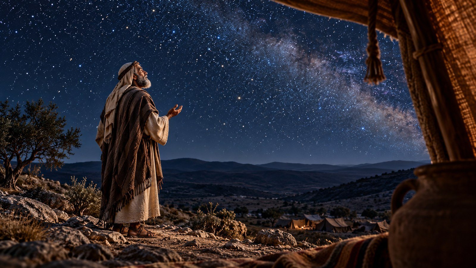 Abram looks at the stars and trusts God's promise Illustration: Abram looks at the stars and trusts God's promise. God takes Abram outside, tells him to count the stars, and promises him descendants beyond number; Abram believes the Lord, and it is counted to him as righteousness.