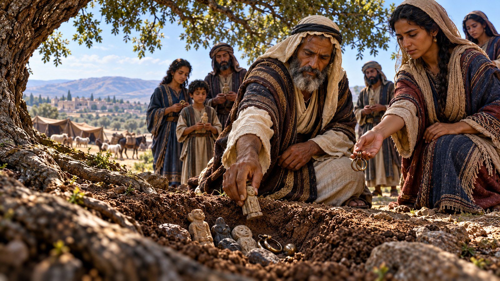 Jacob buries the household's foreign gods Illustration: Jacob buries the household's foreign gods. At God's command Jacob returns to Bethel; his household gives up its foreign gods, and he buries them before building an altar.