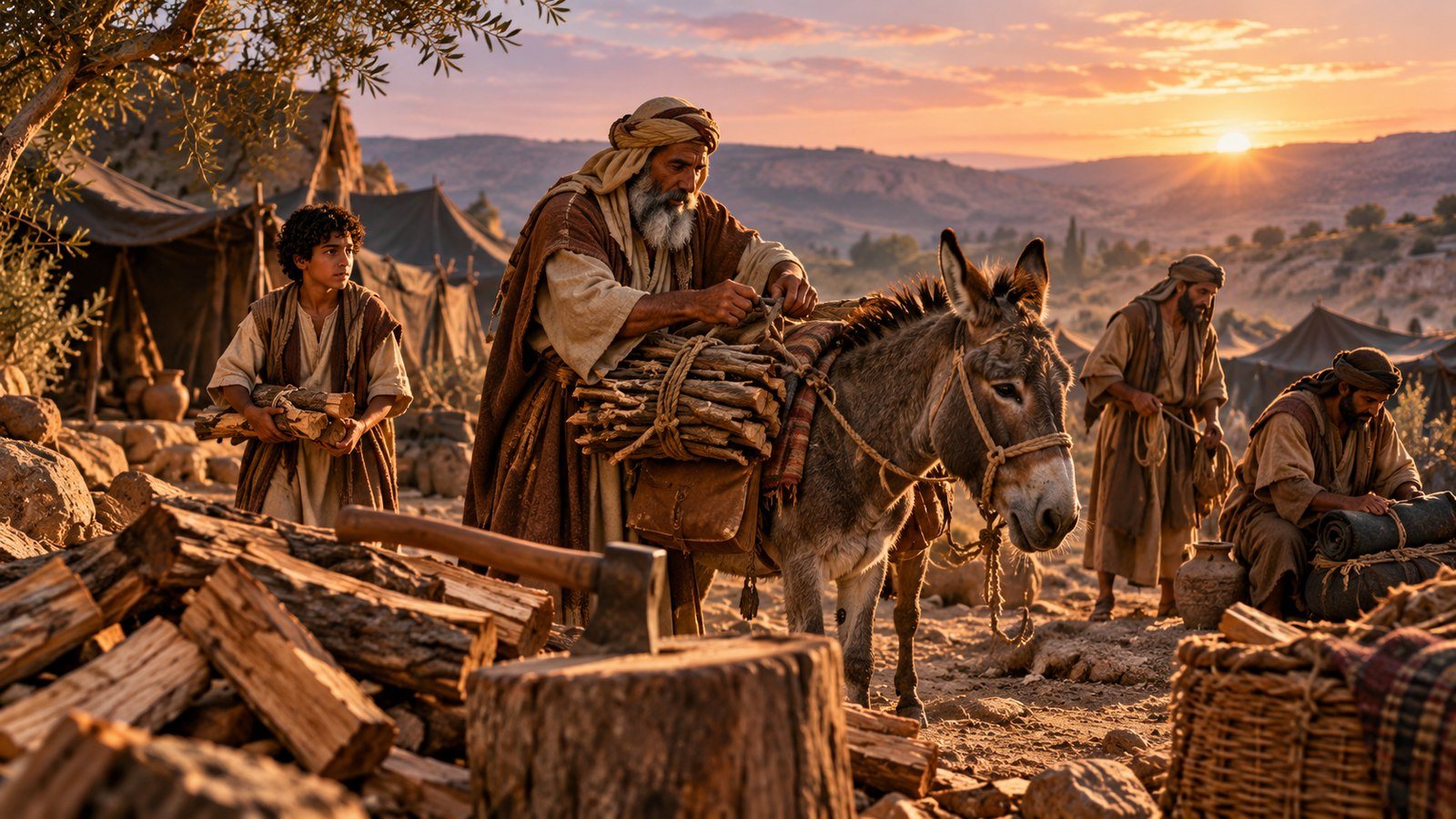 Abraham prepares to obey at daybreak Illustration: Abraham prepares to obey at daybreak. Rising early, Abraham sets out to obey God's command to offer Isaac on a mountain in the land of Moriah.