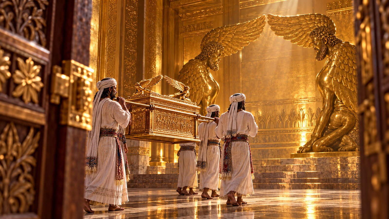 The priests bring the ark into the inner sanctuary Illustration: The priests bring the ark into the inner sanctuary. The priests bring the ark of the covenant into the Most Holy Place of Solomon's Temple, beneath the wings of the cherubim.