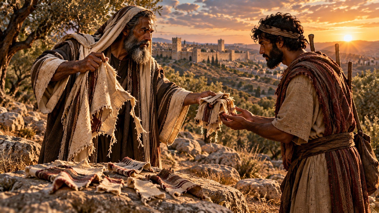 Ahijah gives Jeroboam ten pieces of the torn cloak Illustration: Ahijah gives Jeroboam ten pieces of the torn cloak. The prophet Ahijah tears his new cloak and gives Jeroboam ten of its twelve pieces, a sign that God will tear the kingdom from Solomon's house.