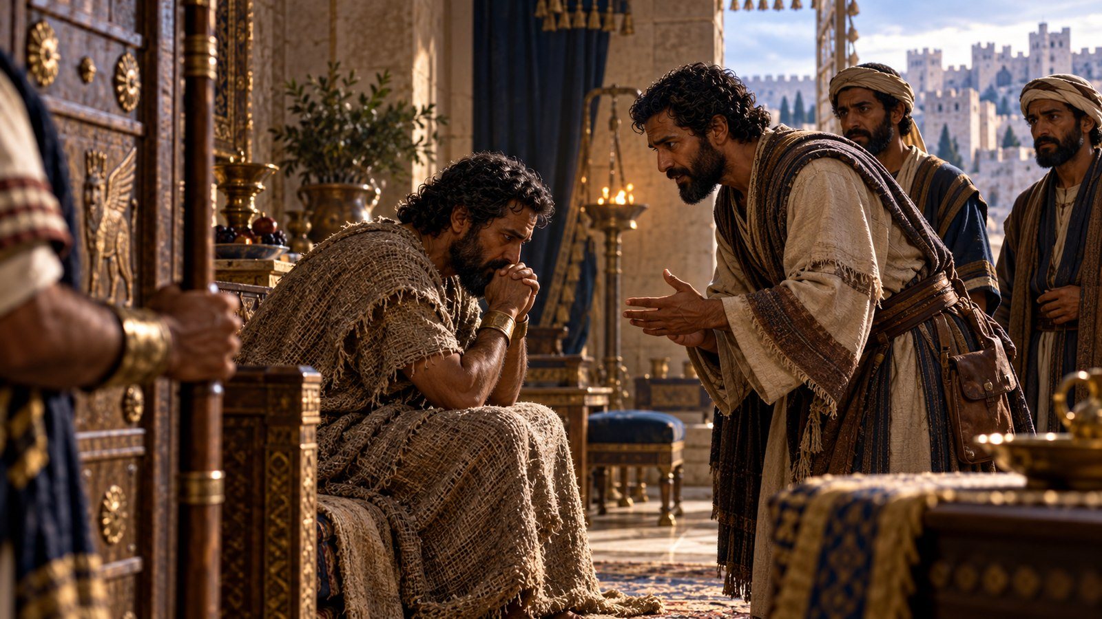Isaiah's message reaches the grieving king Illustration: Isaiah's message reaches the grieving king. Grieving over Assyria's threats, King Hezekiah sends his officials to Isaiah, and Isaiah answers with the Lord's word: do not be afraid.