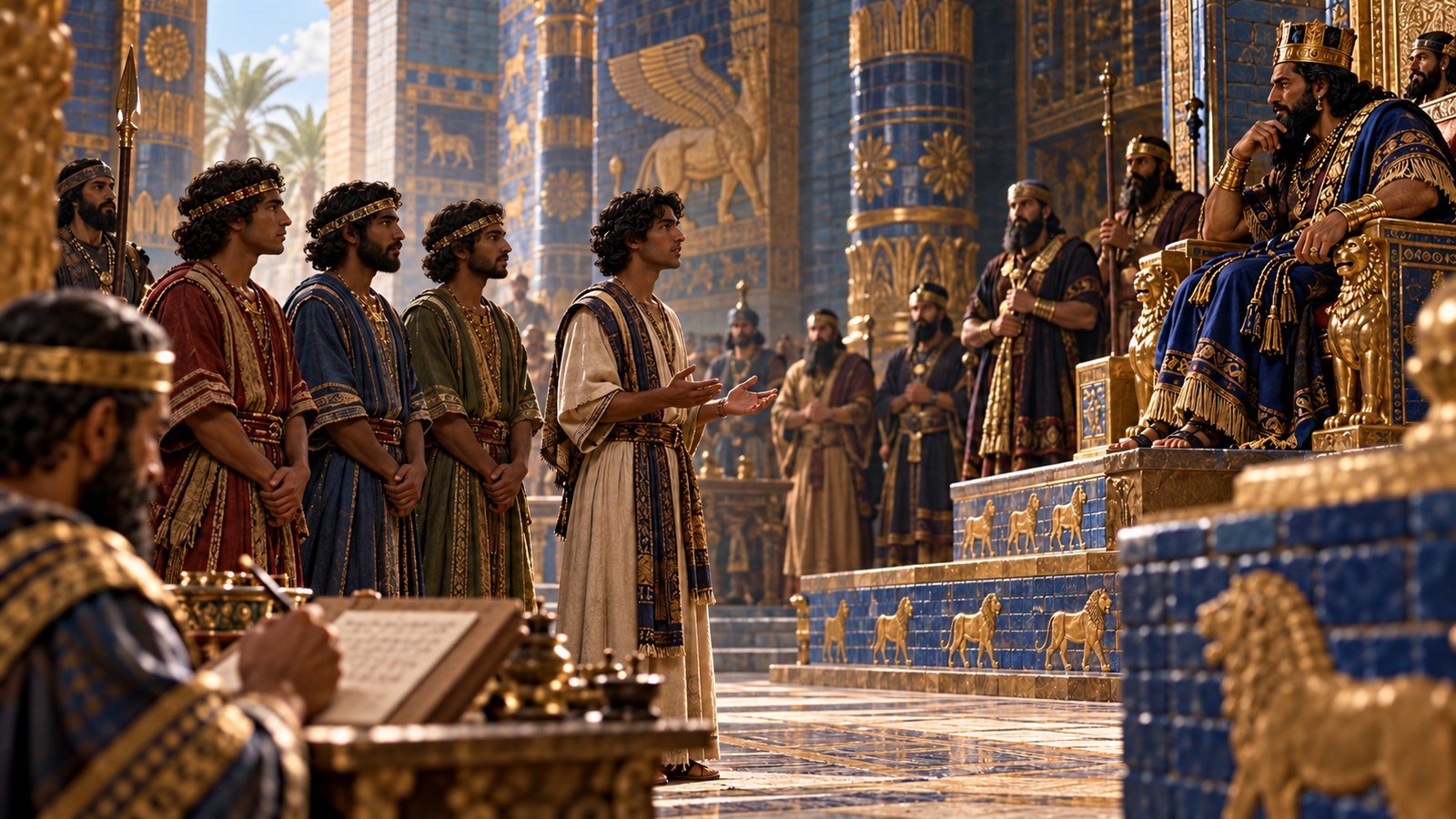 The four Judeans stand before Nebuchadnezzar Illustration: The four Judeans stand before Nebuchadnezzar. Daniel, Hananiah, Mishael, and Azariah stand before Nebuchadnezzar, and God has given them knowledge and wisdom beyond all the king's wise men.