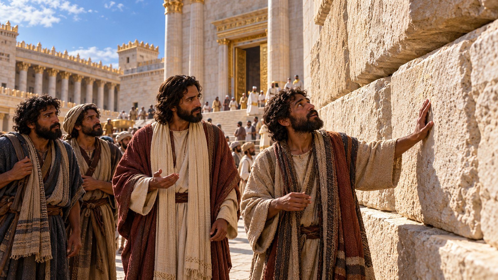 A disciple admires the Temple's great stones Illustration: A disciple admires the Temple's great stones. As Jesus leaves the Temple, a disciple admires its great stones and buildings, and Jesus says that not one stone will be left on another.