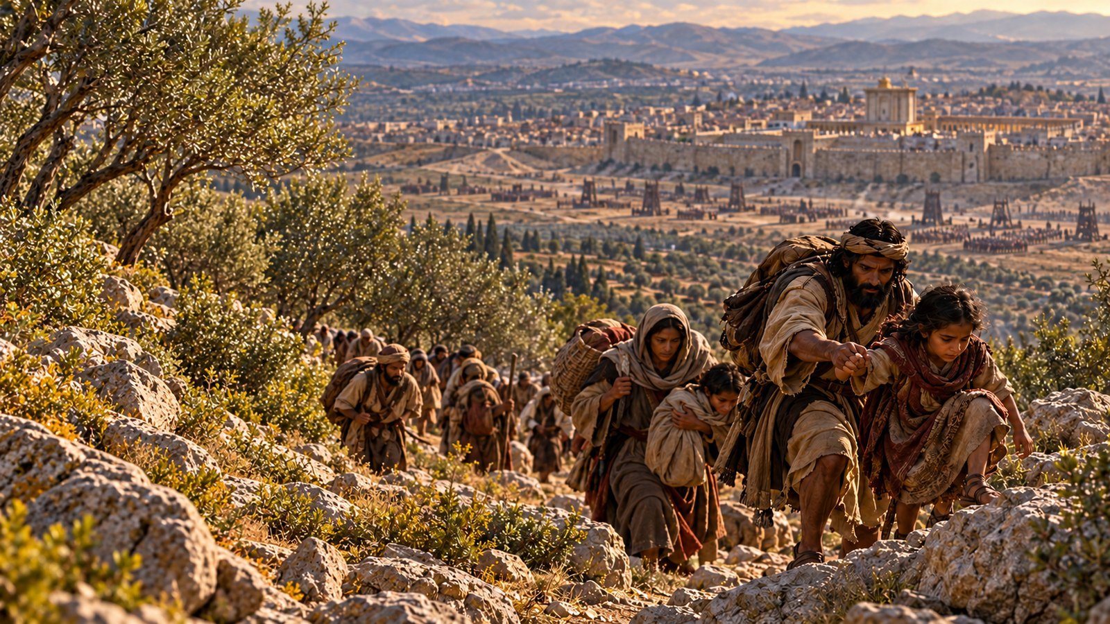 Families flee Judea in response to the warning Illustration: Families flee Judea in response to the warning. Jesus warns that when Jerusalem is surrounded by armies, those in Judea must flee to the mountains.