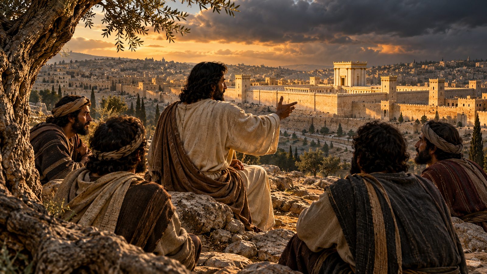 Jesus Warns His Disciples on the Mount of Olives Illustration: Jesus Warns His Disciples on the Mount of Olives