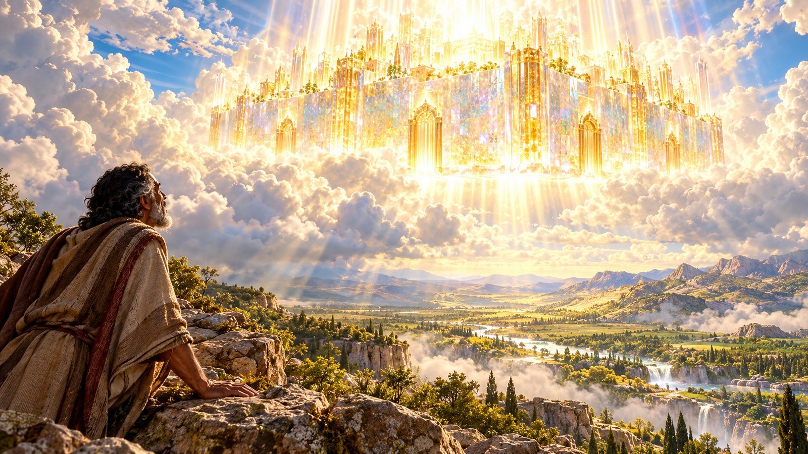 John sees the holy city descending Illustration: John sees the holy city descending. John sees the holy city, the new Jerusalem, coming down out of heaven from God, prepared like a bride for her husband.