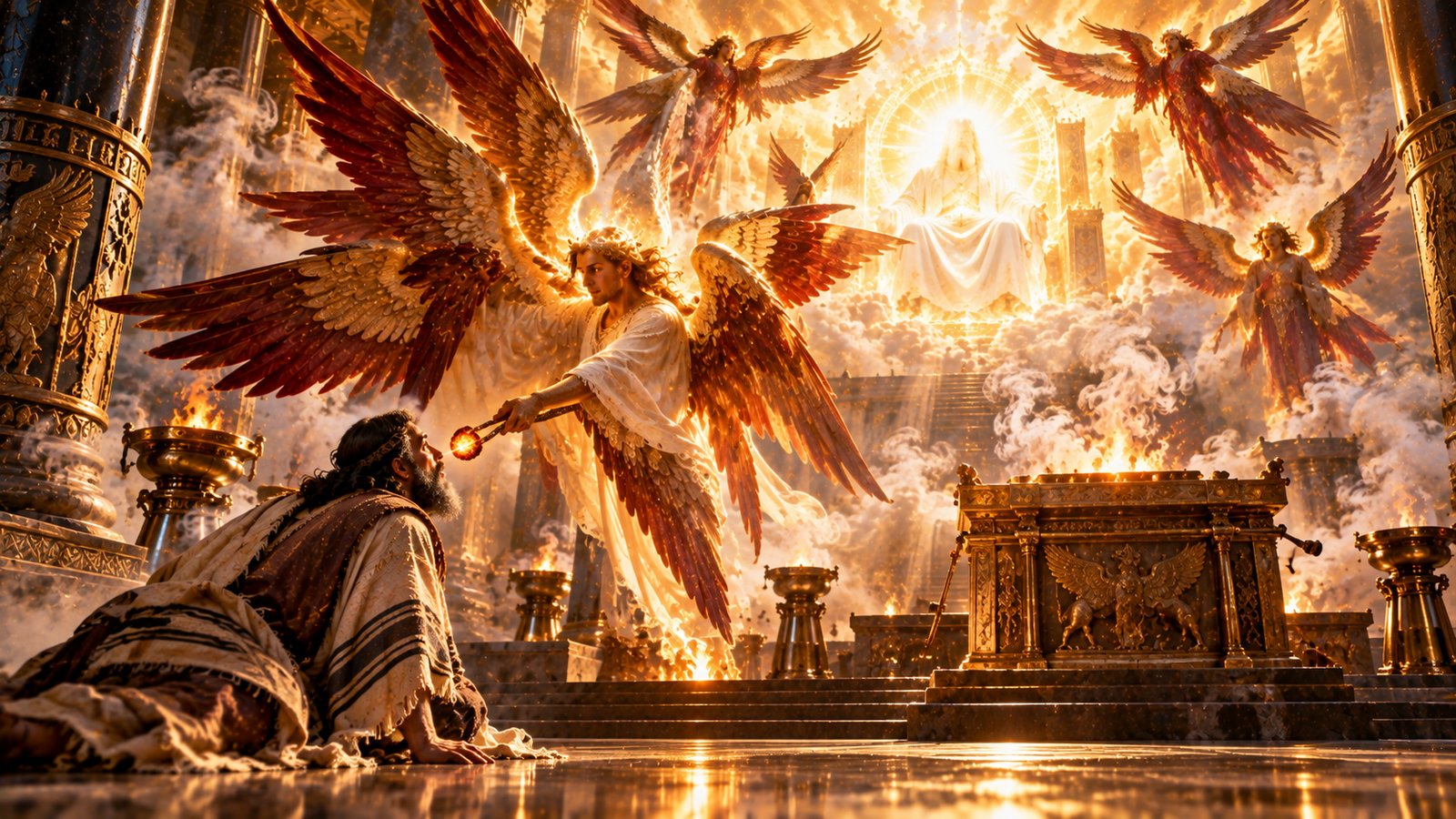 Illustration: Isaiah's Vision — A seraph touches Isaiah's lips with a coal from the altar, and the Lord sends him (Isaiah 6).