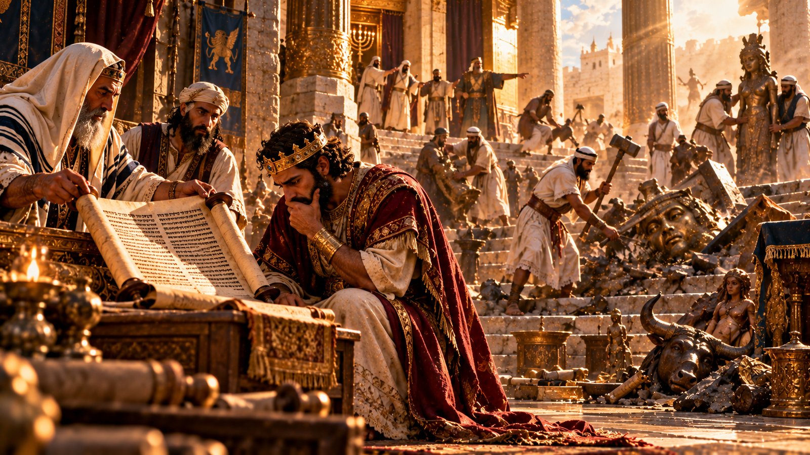 Illustration: Josiah's Reform — The Book of the Law is found in the Temple, and the king removes idolatry from the land (2 Kings 22–23).