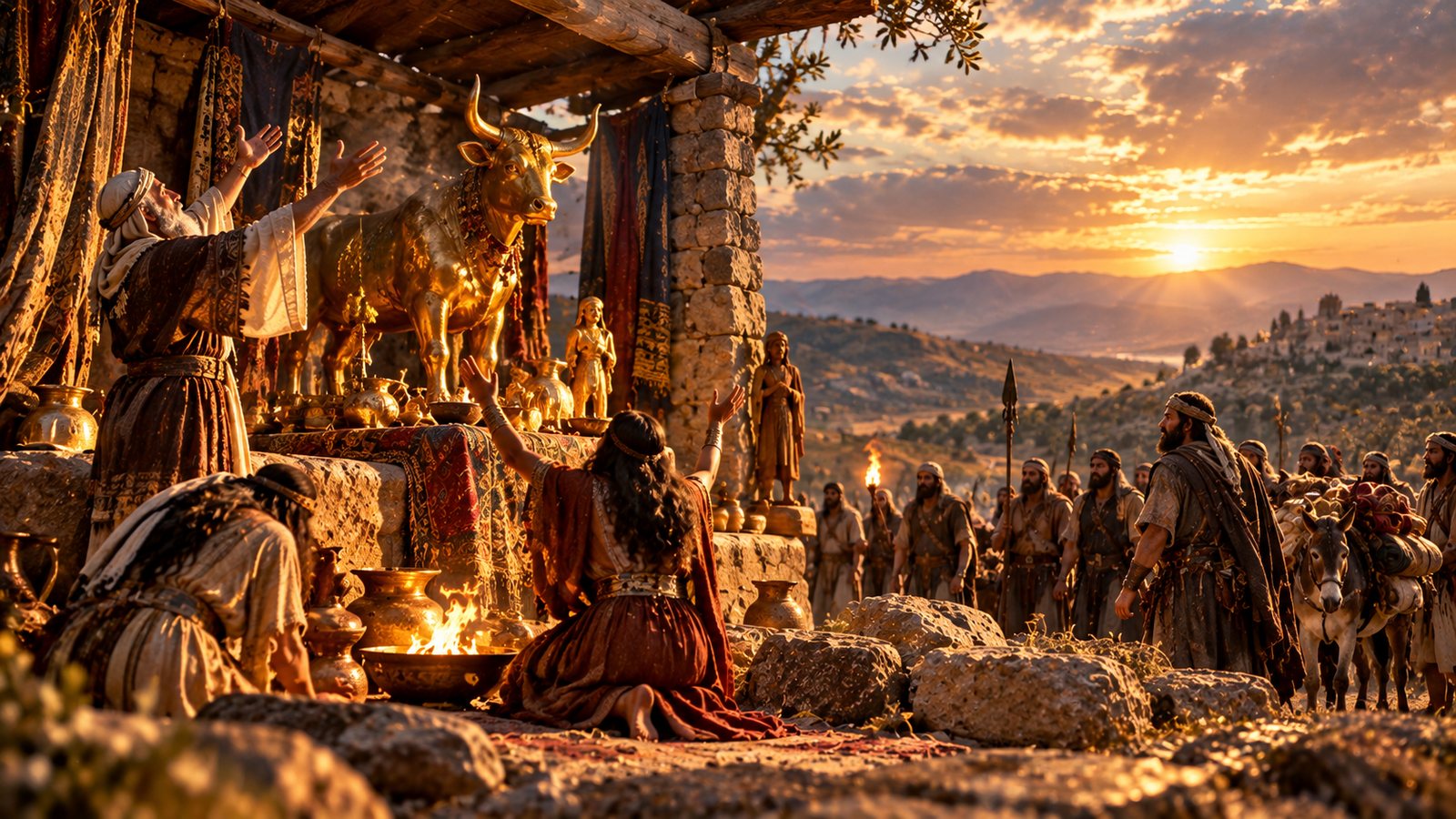 Illustration: Micah's Shrine — A household shrine and a hired priest become the center of worship that Israel invented for itself (Judges 17–18).