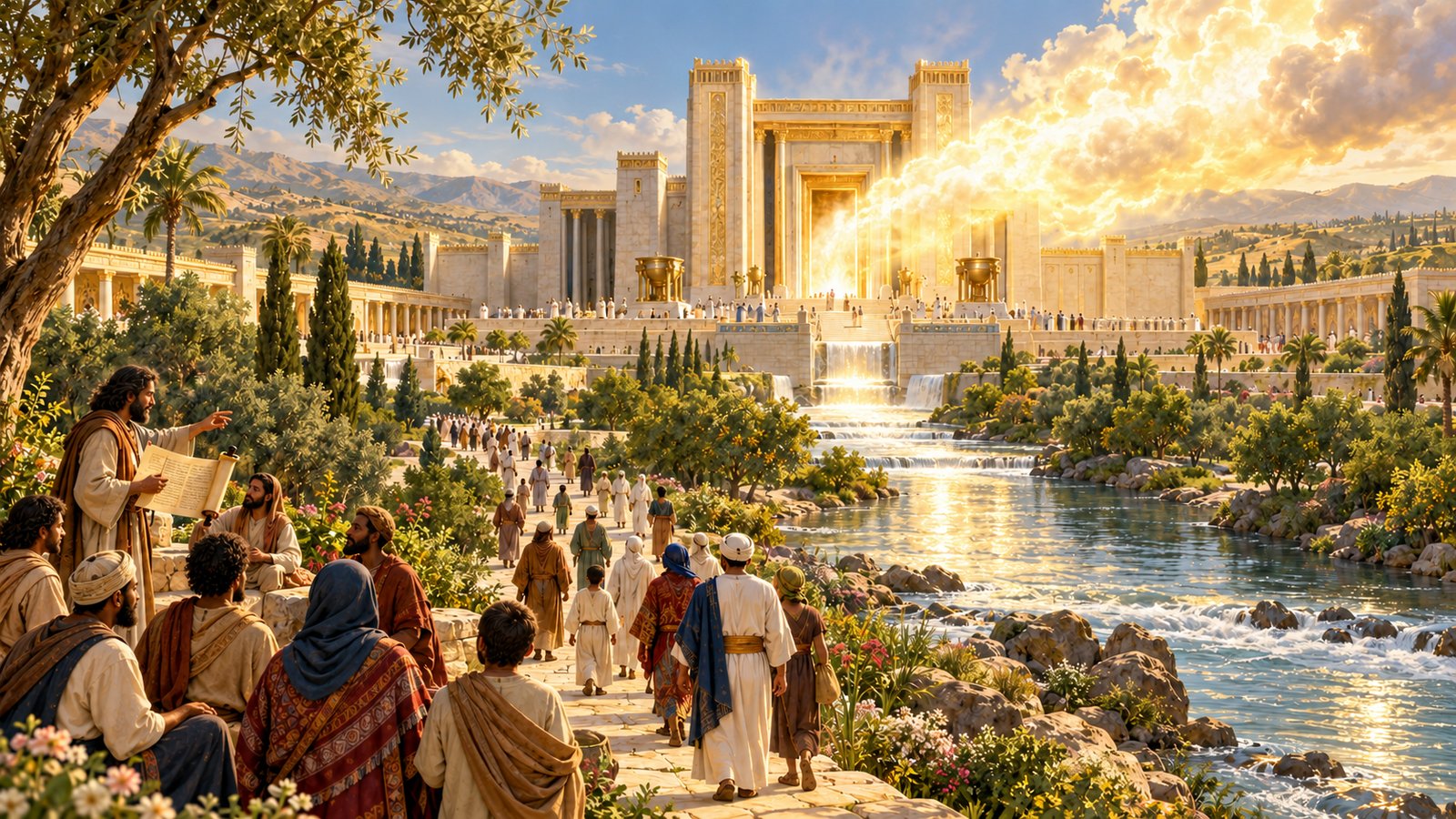 Illustration: The Millennial Temple — The glory returns, and the nations come to worship the reigning King (Ezekiel 40–48; Isaiah 2:2–4; Zechariah 14).