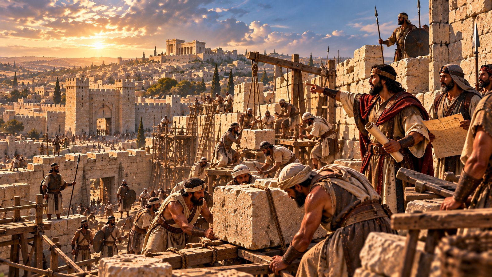 Illustration: Nehemiah Rebuilds the Walls — The people build Jerusalem's wall together, praying and standing watch (Nehemiah 4).