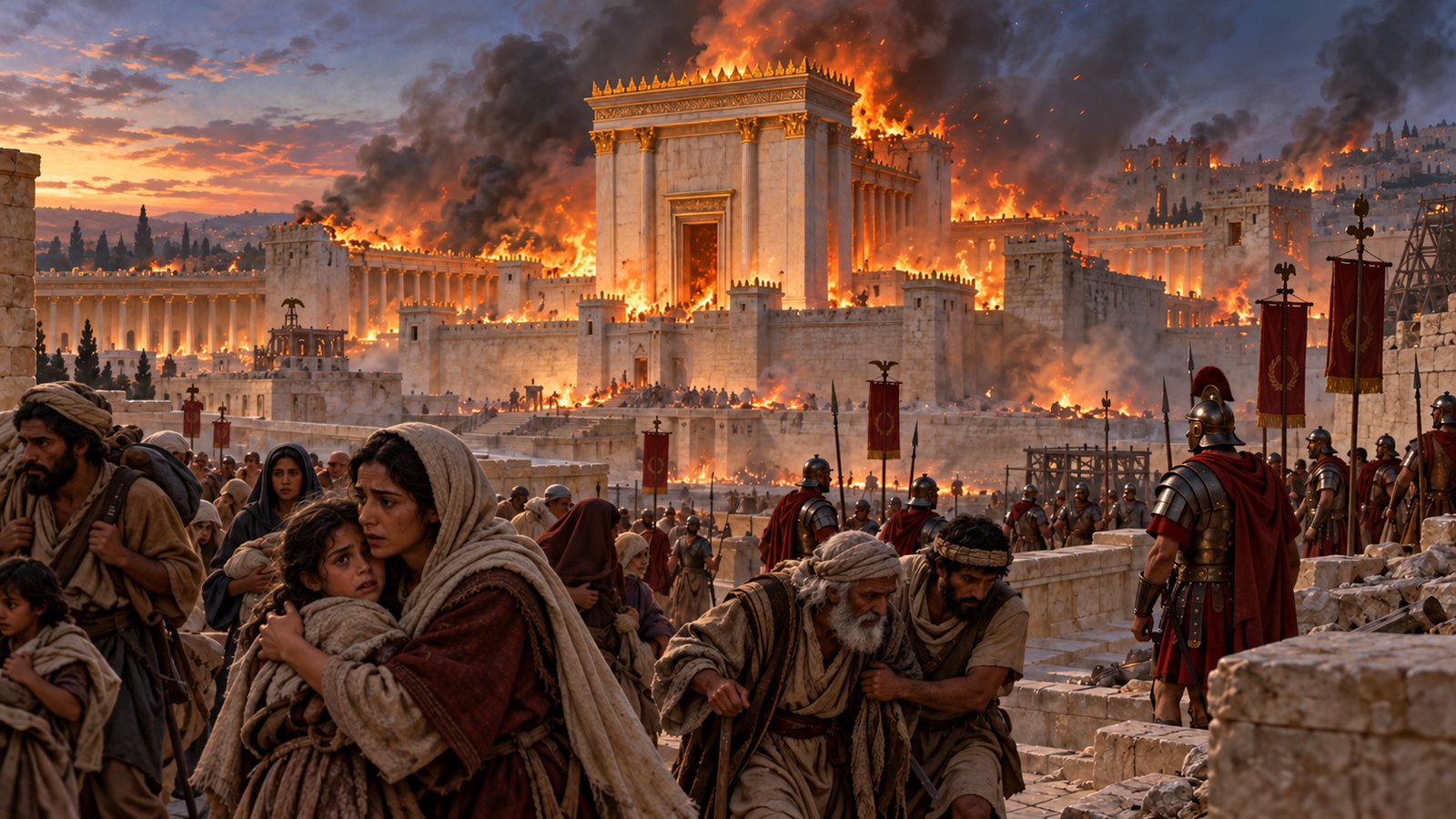 Illustration: Jerusalem in AD 70 — The Romans burn the Temple, as Jesus warned (Luke 21:5–24).