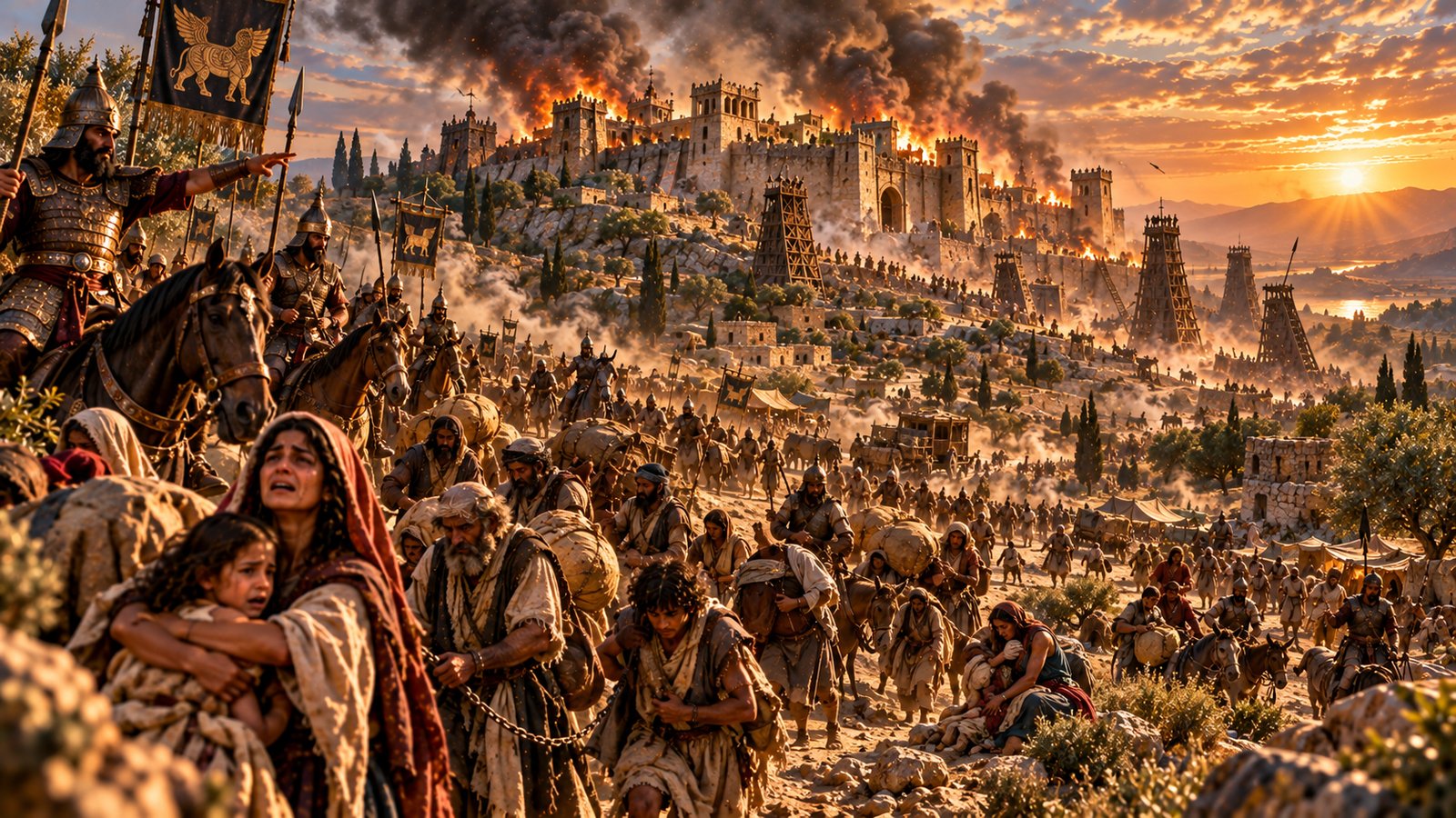 Illustration: Samaria Falls — Assyria conquers the northern kingdom and carries Israel into exile (2 Kings 17).