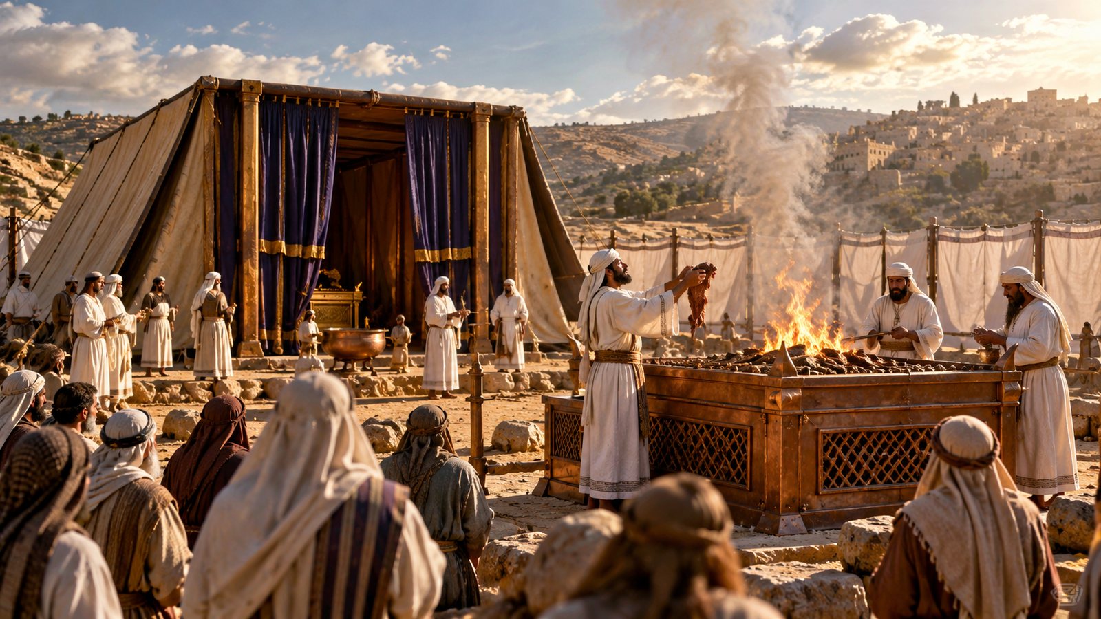 Illustration: The Tabernacle at Gibeon — Priests offer burnt offerings at the bronze altar while the ark rests in Jerusalem (1 Chronicles 16:39–40).