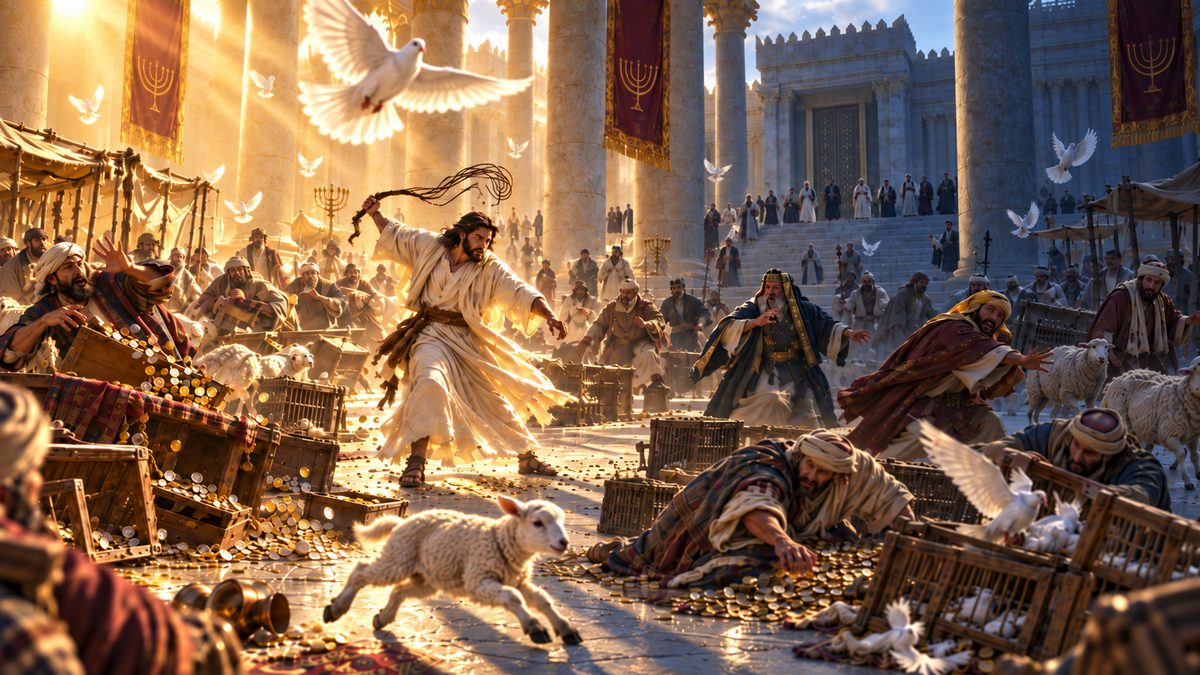 Jesus driving out the money changers from the Temple