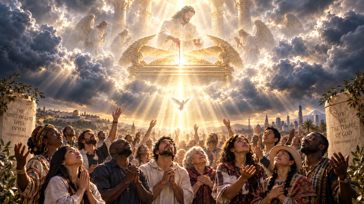 Believers praying, lifted up by the Spirit of God, with the inscription 'You are the Temple of God'